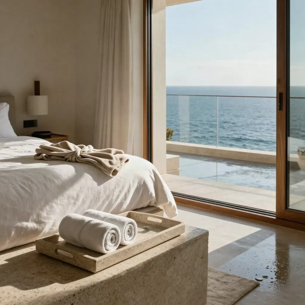 Suite vista mare con letto king, vassoio spa in pietra e balcone bagnato dal mattino.
