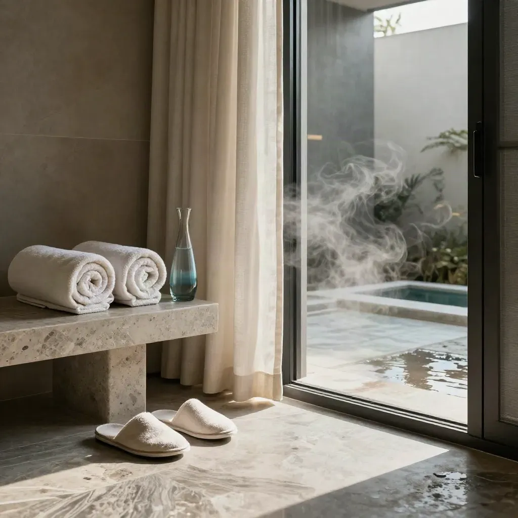 Angolo spa con asciugamani arrotolati, pantofole, caraffa e vapore in una suite elegante.