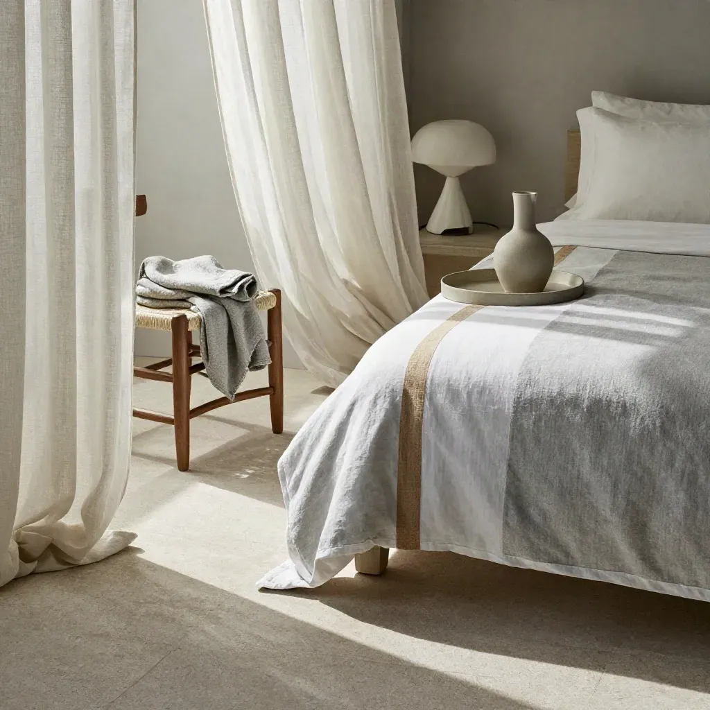 Angolo letto vista mare con tenda leggera, caraffa in ceramica, sedia intrecciata e luce del mattino