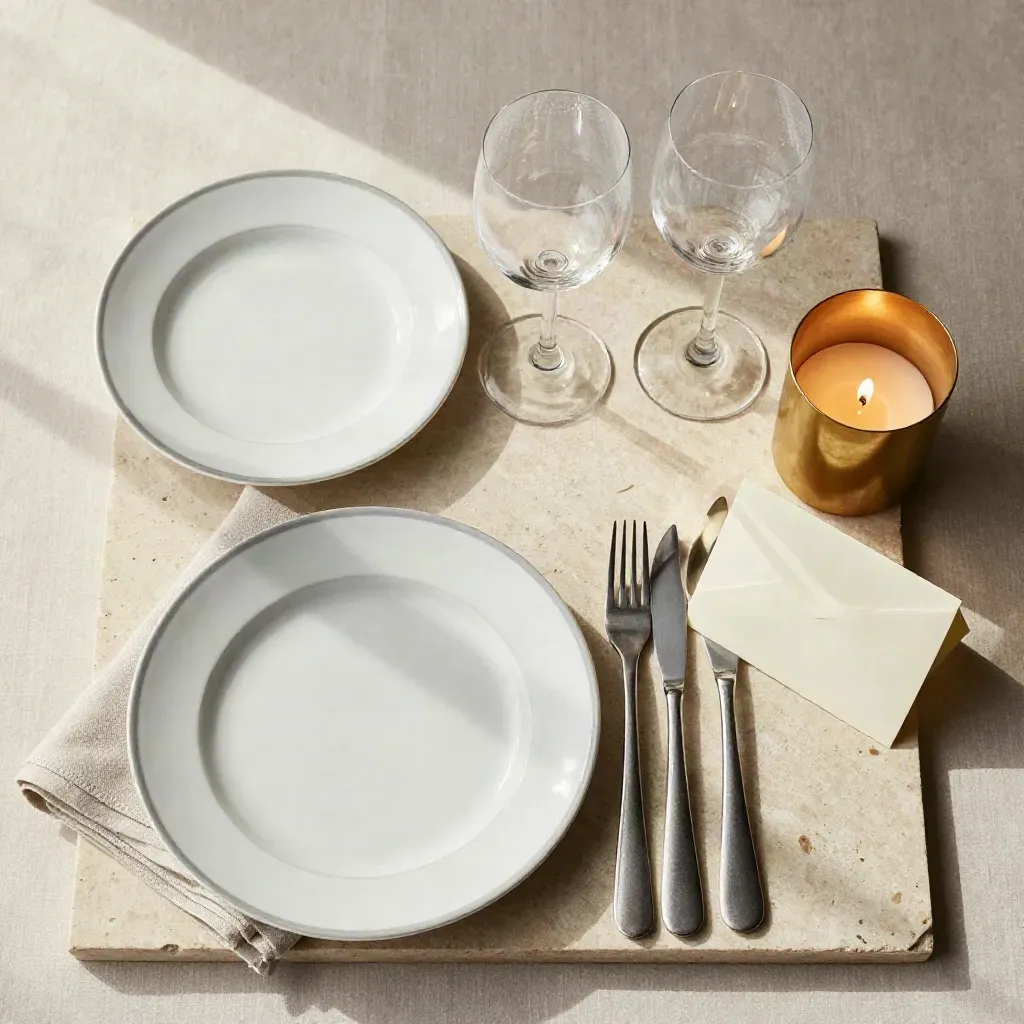 Flatlay elegante con due piatti, bicchieri e candela su pietra chiara.