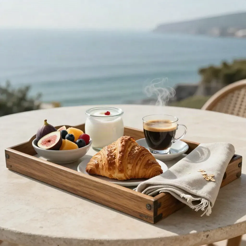 Vassoio colazione su terrazza con croissant, frutta, yogurt ed espresso, mare sfocato sullo sfondo.