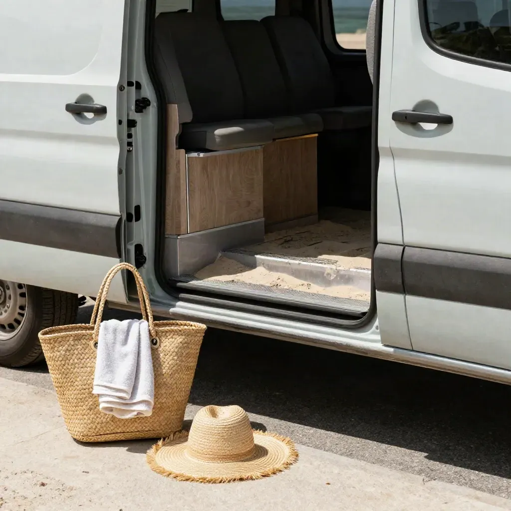 Navetta resort con borse da spiaggia, asciugamani e cappello di paglia alla porta aperta
