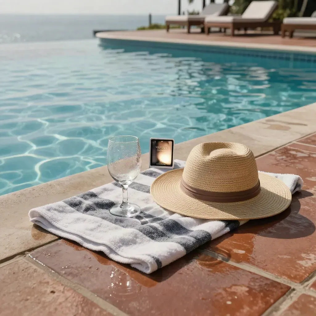 Telo a righe, cappello di paglia e bicchiere freddo a bordo piscina su terrazza bagnata.