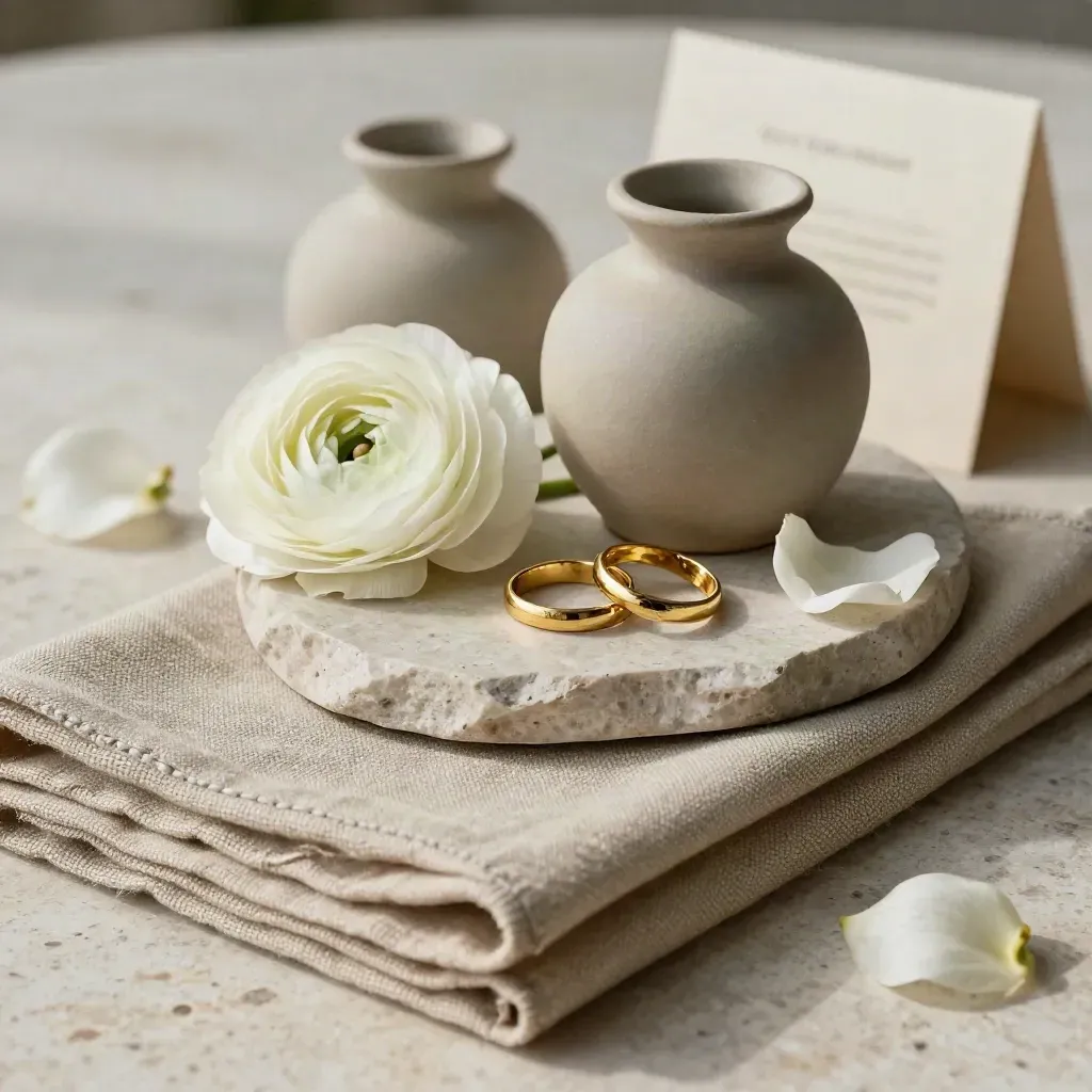 Dettaglio macro di lino piegato, fiori bianchi, candele ceramiche e fedi su vassoio in pietra.