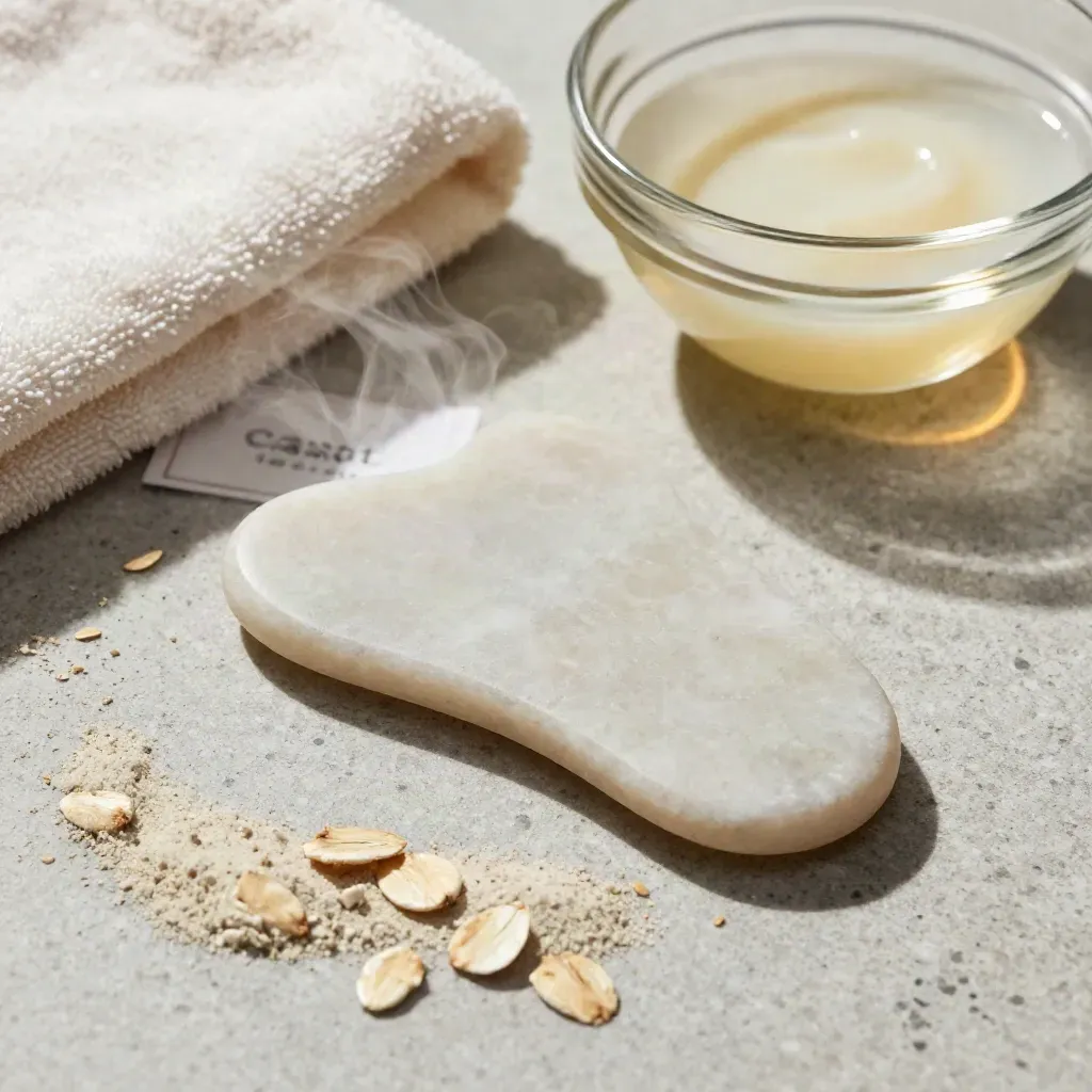 Set spa viso con gua sha in pietra, asciugamano e ciotola su pietra chiara.