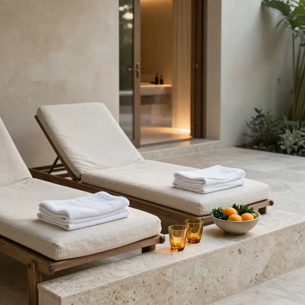 Area spa di coppia elegante con lettini, asciugamani, agrumi e luce calda al tramonto