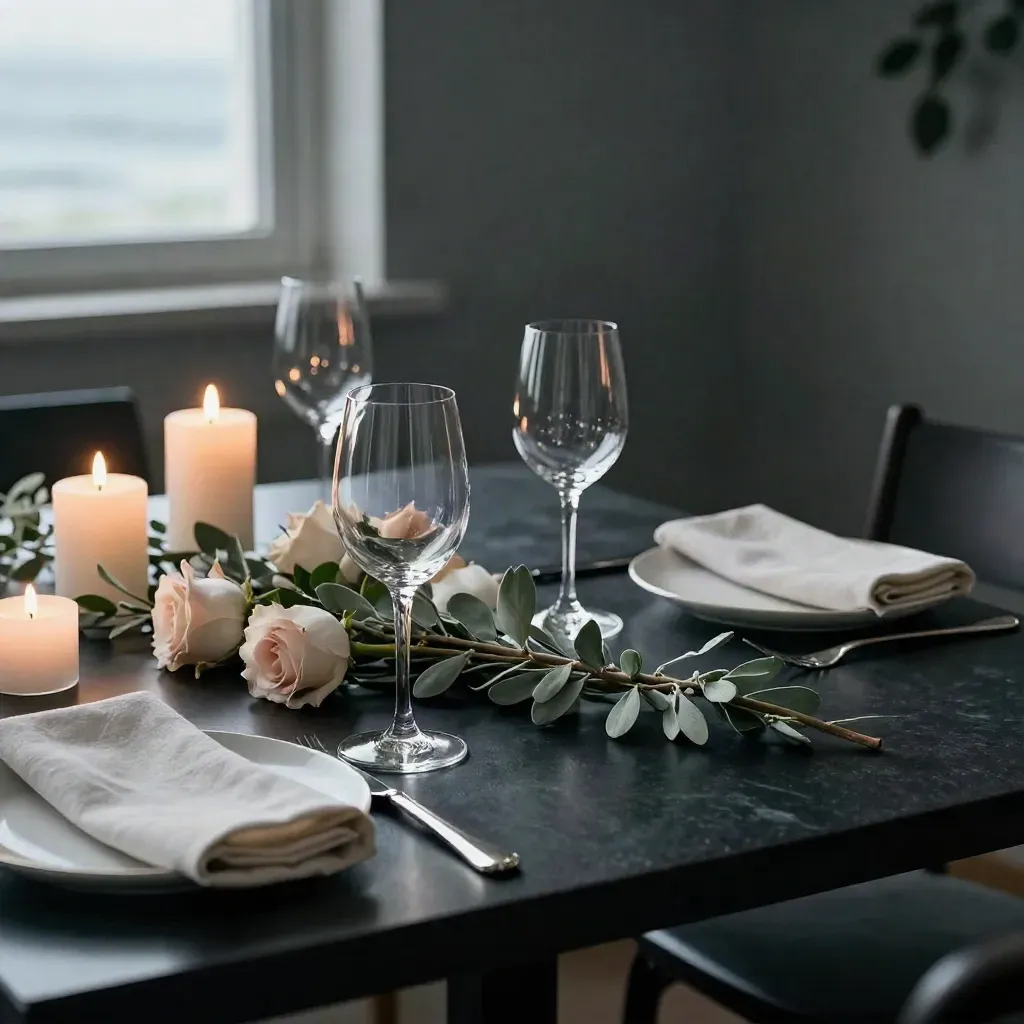 Tavolo romantico per due con candele, rose basse, calici vuoti e riflessi marini