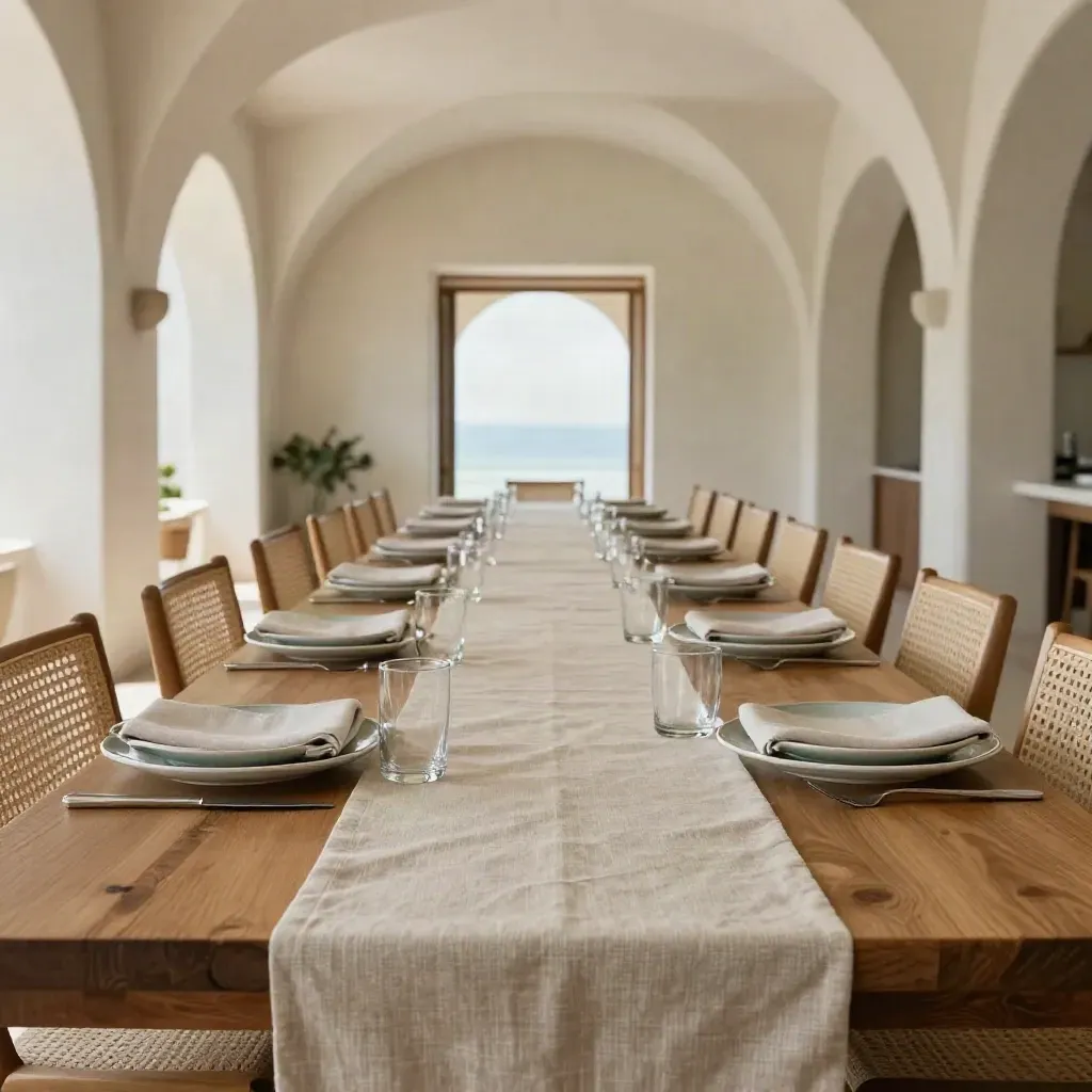 Tavolo eventi privati in lino e ceramica, con candele basse in una sala luminosa.