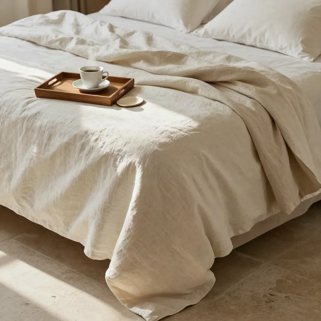 Angolo di letto king disfatto con caffè, tenda socchiusa e luce dorata su un vassoio.
