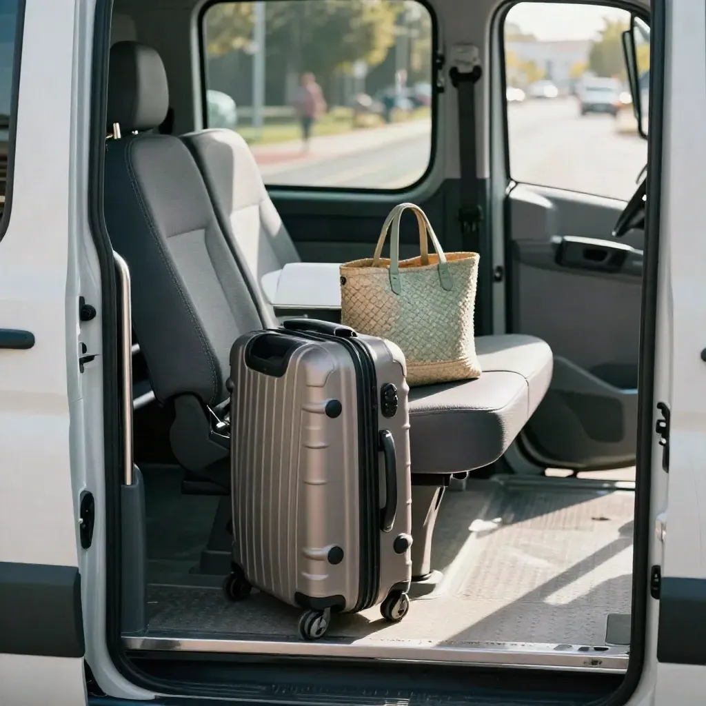 Interno di navetta transfer aeroportuale con valigia, borsa mare e porta aperta al marciapiede.