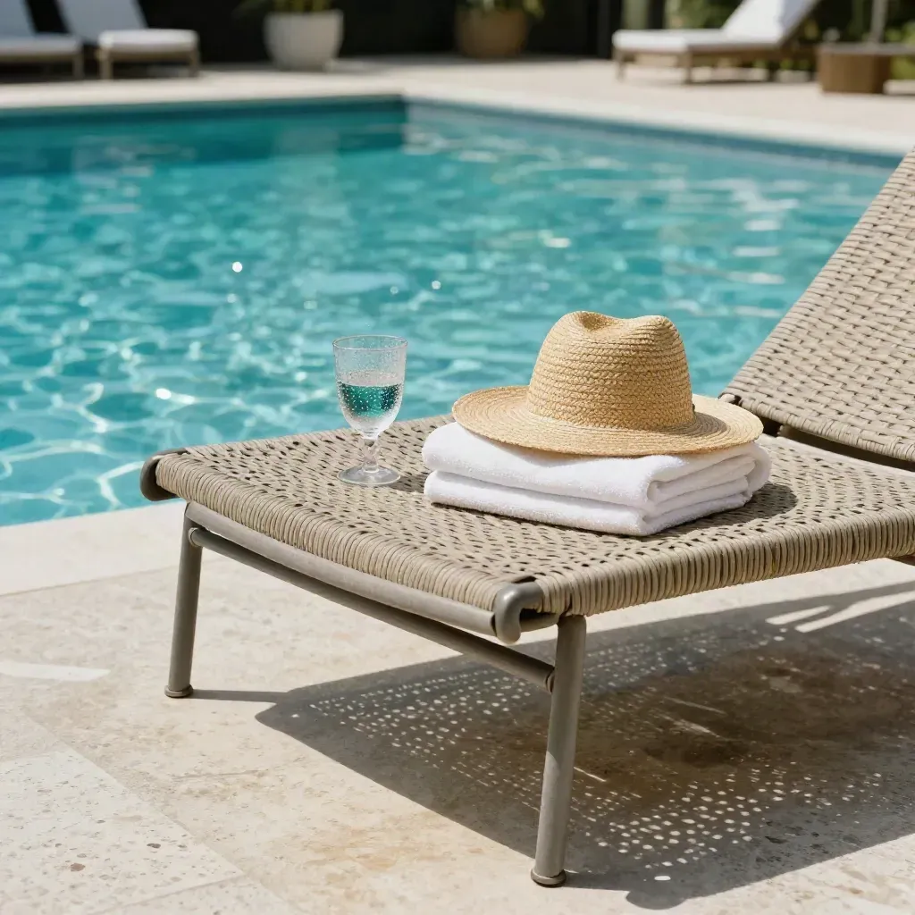 Lettino piscina con asciugamano piegato, cappello di paglia e bicchiere fresco accanto all’acqua.
