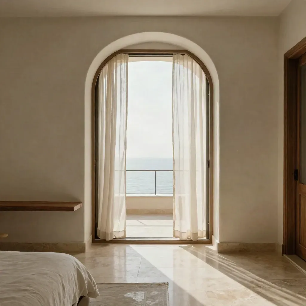 Suite luminosa con arco sul mare, tende leggere e pavimento in pietra chiara.