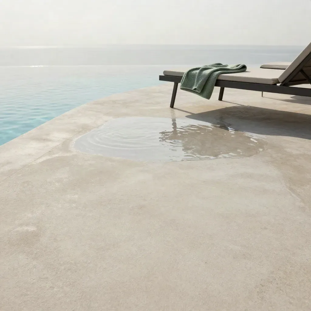 Deck piscina in cemento chiaro con lettino, asciugamano salvia e riflessi d’acqua