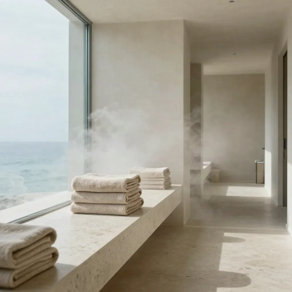 Corridoio spa luminoso con vapori, asciugamani impilati e panca in pietra.